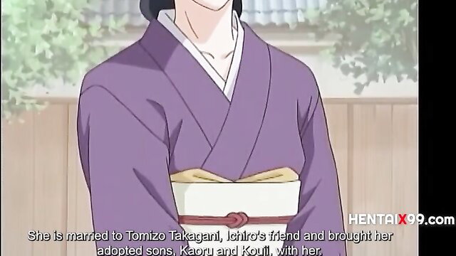 Married Japanese housewife in purple kimono with adopted sons Kaoru and Kouji