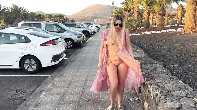 Sunshine_nude walks panty-free in sheer public dress, flashing pussy