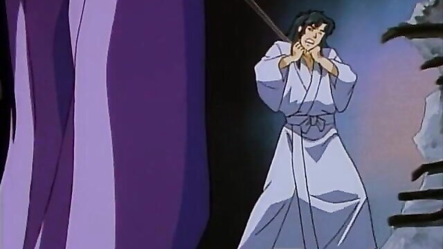 Anime spider princess in white kimono holds rope, tentacle hentai scene