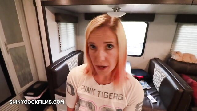 Jane Cane in Pink Tigers shirt in RV, Mom Helps Step Son QB thumbnail
