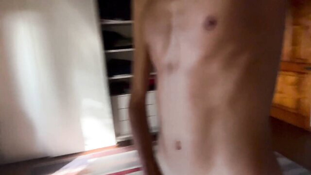 Angel Blaze nude skinny twink flexing abs in bedroom