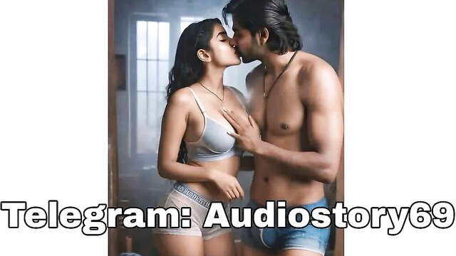 Indian couple passionate kiss, busty woman in lingerie with muscular man
