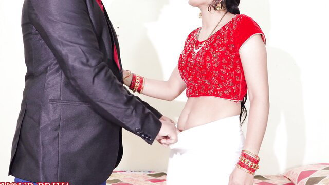 Indian wife Priya in red blouse white saree pulled down for hot touch