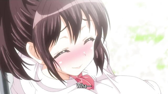 Blushing anime schoolgirl with brown hair smiles cutely in JAV hentai