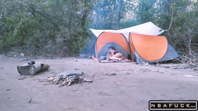 Hot girl sucks fat dick outdoors by tents and campfire