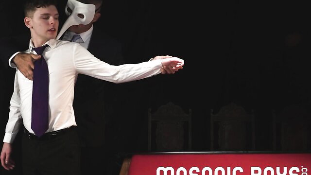 Phantom of the Opera ritual: masked man embraces young twink in Masonic Boys ceremony