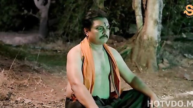 Indian sadhu in orange dhoti sits shirtless in forest, Hindi hot web series thumbnail