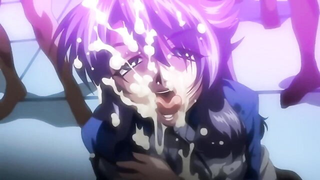 Purple-haired hentai girl licks cum-covered dick in Prison Battleship gangbang