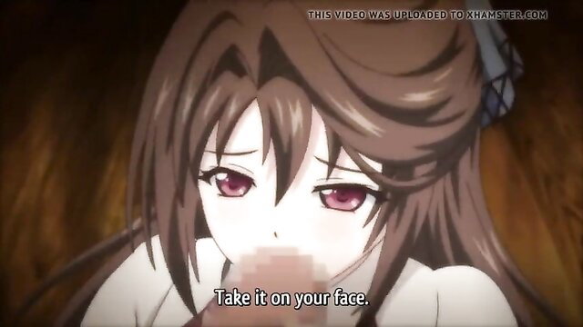 Anime hentai girl with brown hair takes cumshot on face closeup