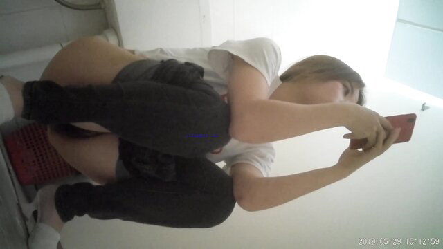 Asian amateur girl squatting on toilet with pussy grool discharge visible