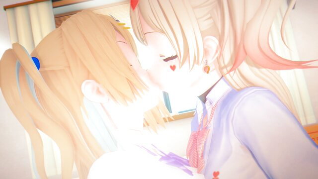 Blonde and pink-haired anime girls in steamy yuri kiss, Shirakakwa Runa vs Kedarui Aashii