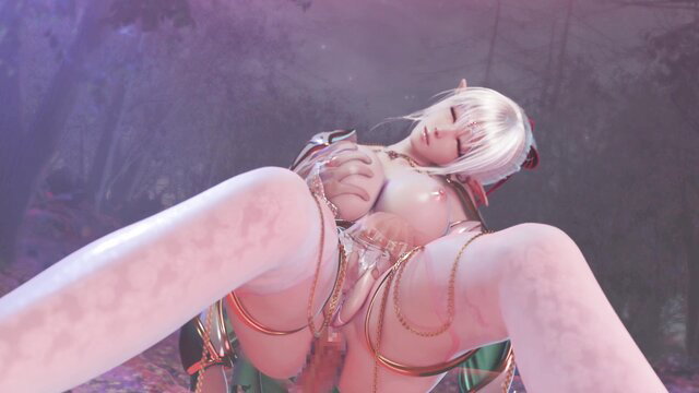 Blonde elf girl collapsed in forest, bound tits exposed, sexy thigh-highs