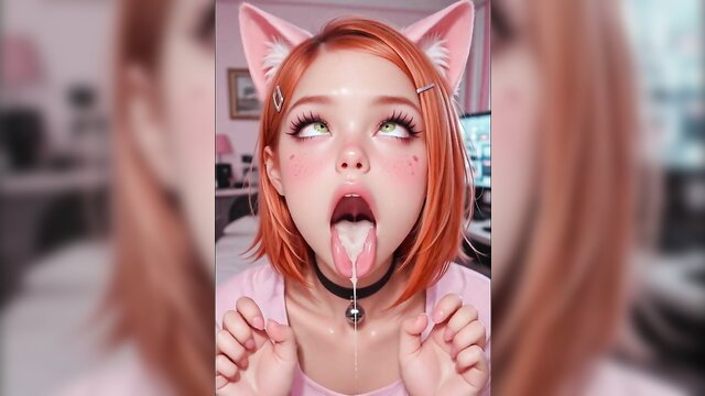 AI-generated redhead catgirl ahegao face with tongue out and drool