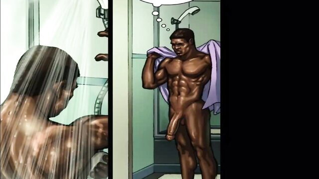 Muscular black man with huge dick showering nude in steamy bathroom