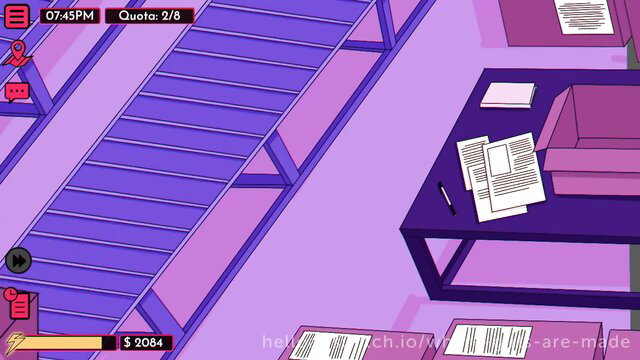 Animated purple office scene with papers and conveyor belt, WGAM-NEURA M2