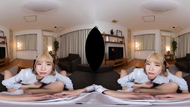 VR POV Asian blonde in blouse lying on bed closeup view