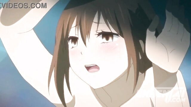 Anime hentai girl with big boobs flushed face hand to ear aroused expression