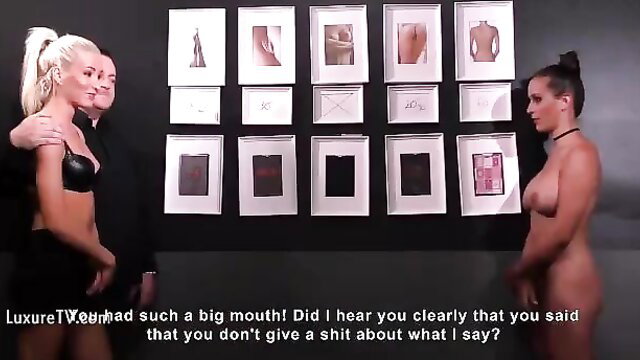 Blonde and brunette models in lingerie taunt man in Elite Pain Cards of Pain