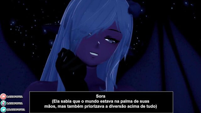 Blue-skinned succubus Sora with horns and wings in erotic closeup