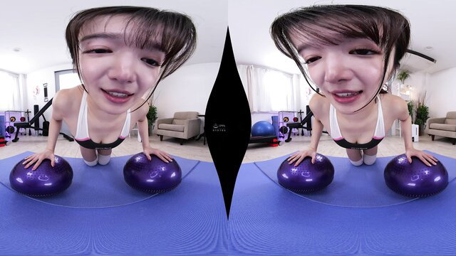 Cute Asian girl in VR POV doing pushups on yoga balls, tiny tits exposed