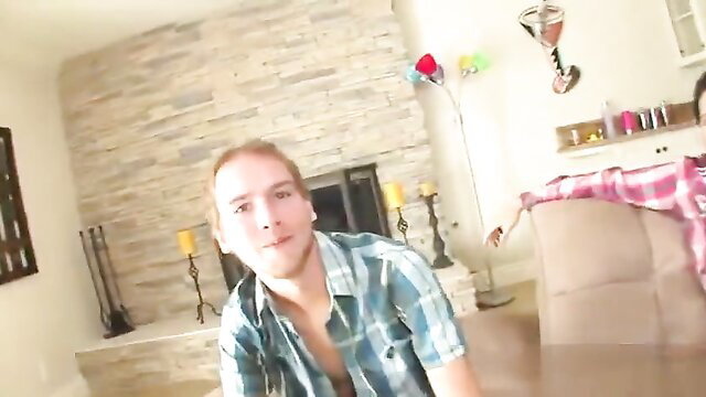 Raylene with redhead guy in plaid shirt, teasing MMF threesome