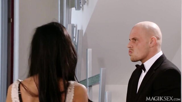 Black Angelika skinny babe in lace dress with suited bald man