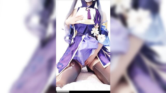 Asian anime cosplay girl in purple dress flashing pussy upskirt stockings