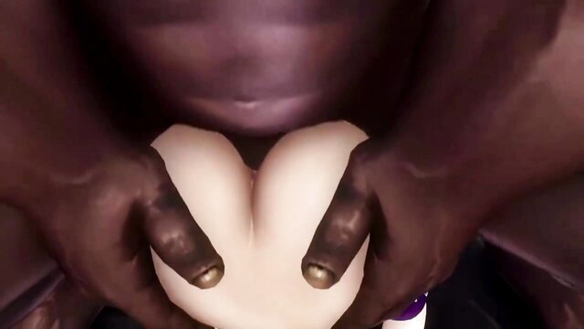 Black hands groping huge pale fake tits closeup