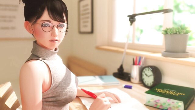 Spectacled Asian teacher in tight turtleneck, glasses upskirt study tease