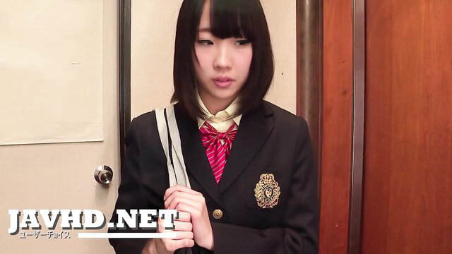Cute Japanese schoolgirl in uniform, bangs, holding bag in JAV thumbnail