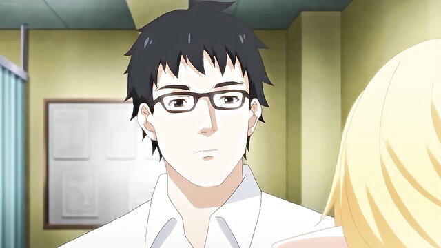 Anime guy in glasses stares at busty blonde hentai girl's huge ass in booty shorts