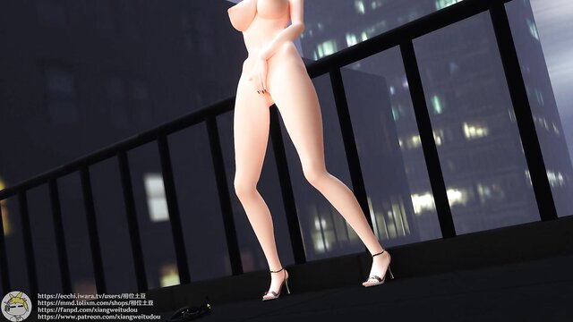 Nude anime girl with huge tits posing nude on balcony at night