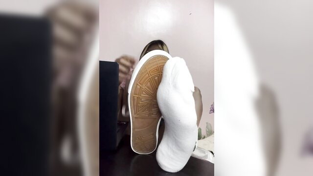 Asian foot goddess in white socks and sneakers JOI tease