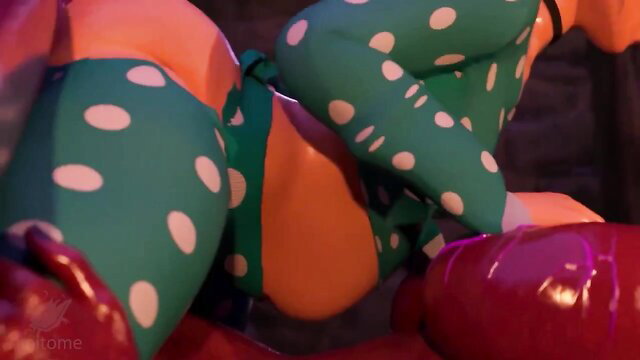 Polka dot green leggings closeup on thick orange ass and red pussy