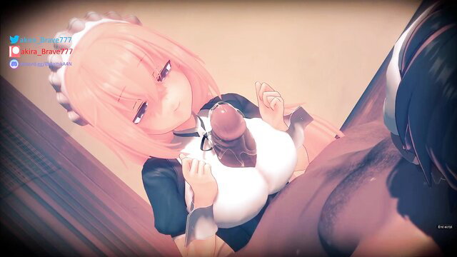 Pink-haired maid in maid outfit holding cock between huge tits, POV titjob