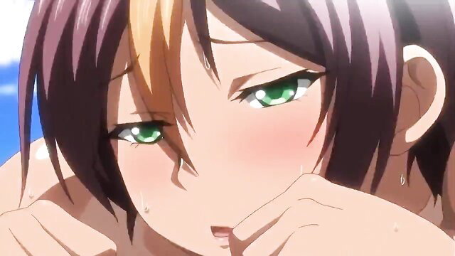 Anime girl with green eyes, flushed face, wet skin closeup