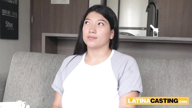 Sexy Latina with big tits in casual top on casting couch