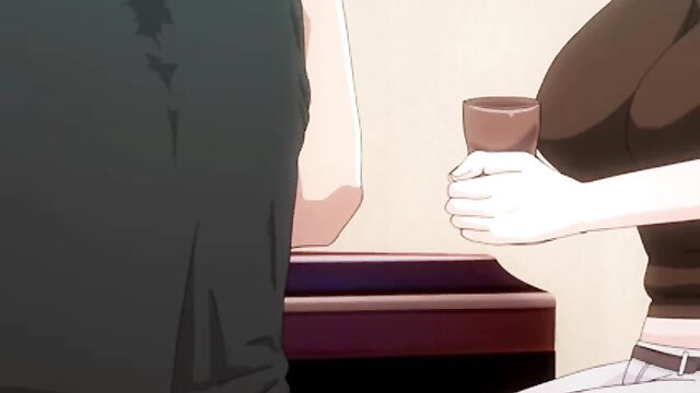 Busty Asian JAV girl in tight top holding cup, huge tits tease