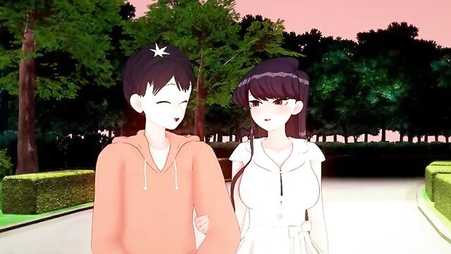 Komi-san anime couple walk in park, black hair girl in white dress with boy