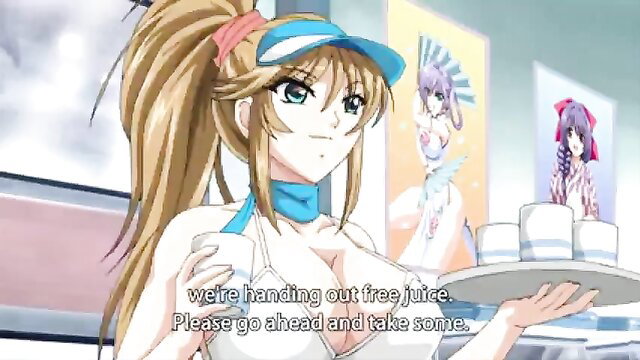 Busty anime girl in skimpy bikini offers free juice on tray hentai