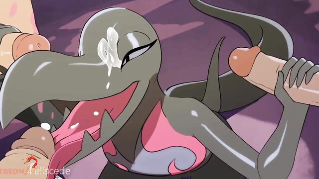 Anthropomorphic gray alien girl with huge cock cumshot on face in hot 3D hentai