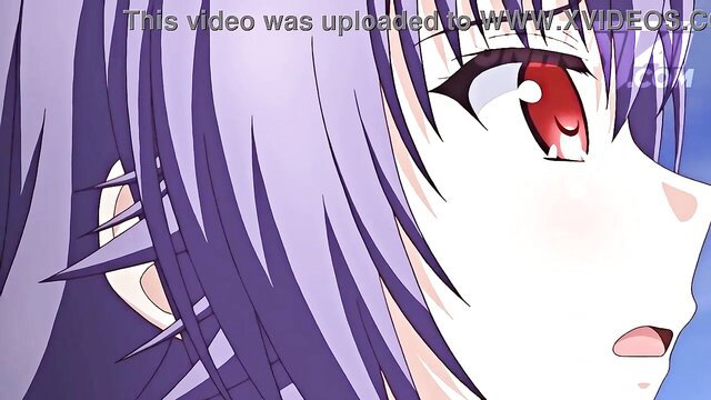 Purple-haired hentai teen with red eyes, aroused expression closeup