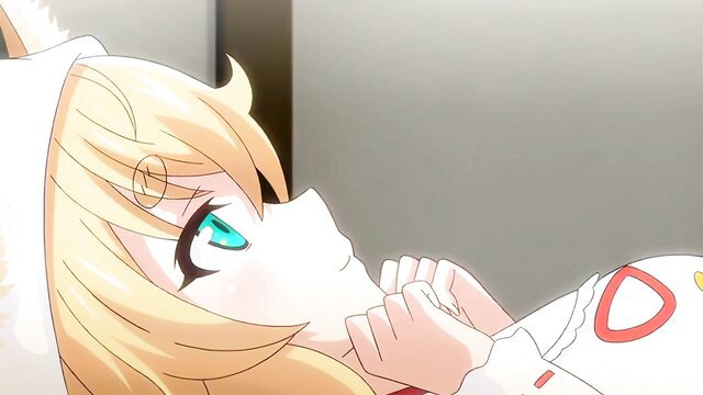 Seductive blonde kitsune loli in lingerie lying back, teasing pose