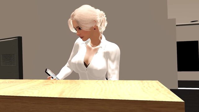 Blonde Lauren in tight white blouse at desk in changing room