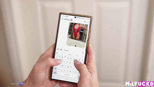 Lady Lorreign hotwife in red lingerie texts gym hookup on phone