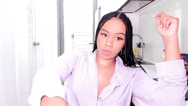 ShiiSundai in sexy lavender pajamas, teasing smile in kitchen