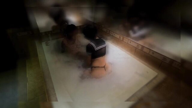 Tgirl classmate in bikini in bubbly tub, big ass cheeks out