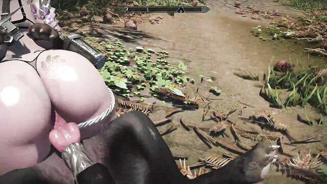 Pale assed babe outdoors anal with huge black dildo by stream