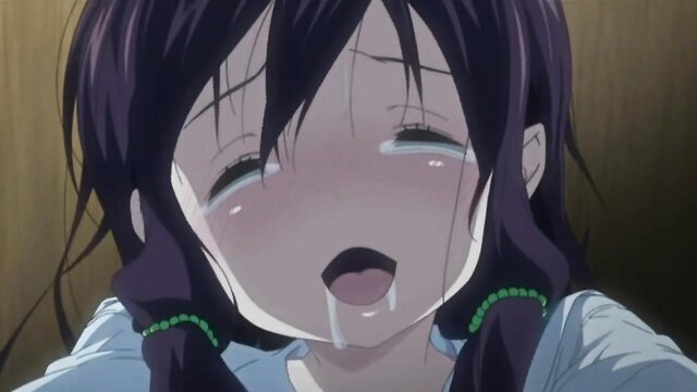 Anime hentai girl with purple hair crying in ecstasy, drooling closeup