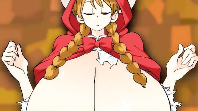 Big tits anime Red Riding Hood in red hood exposing massive breasts